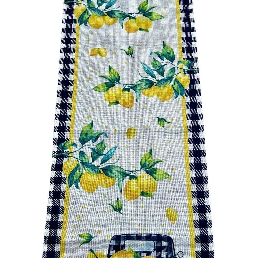 Meyer Lemons Gingham Black & White Border, Cottagecore Table Runner 65x13 in.